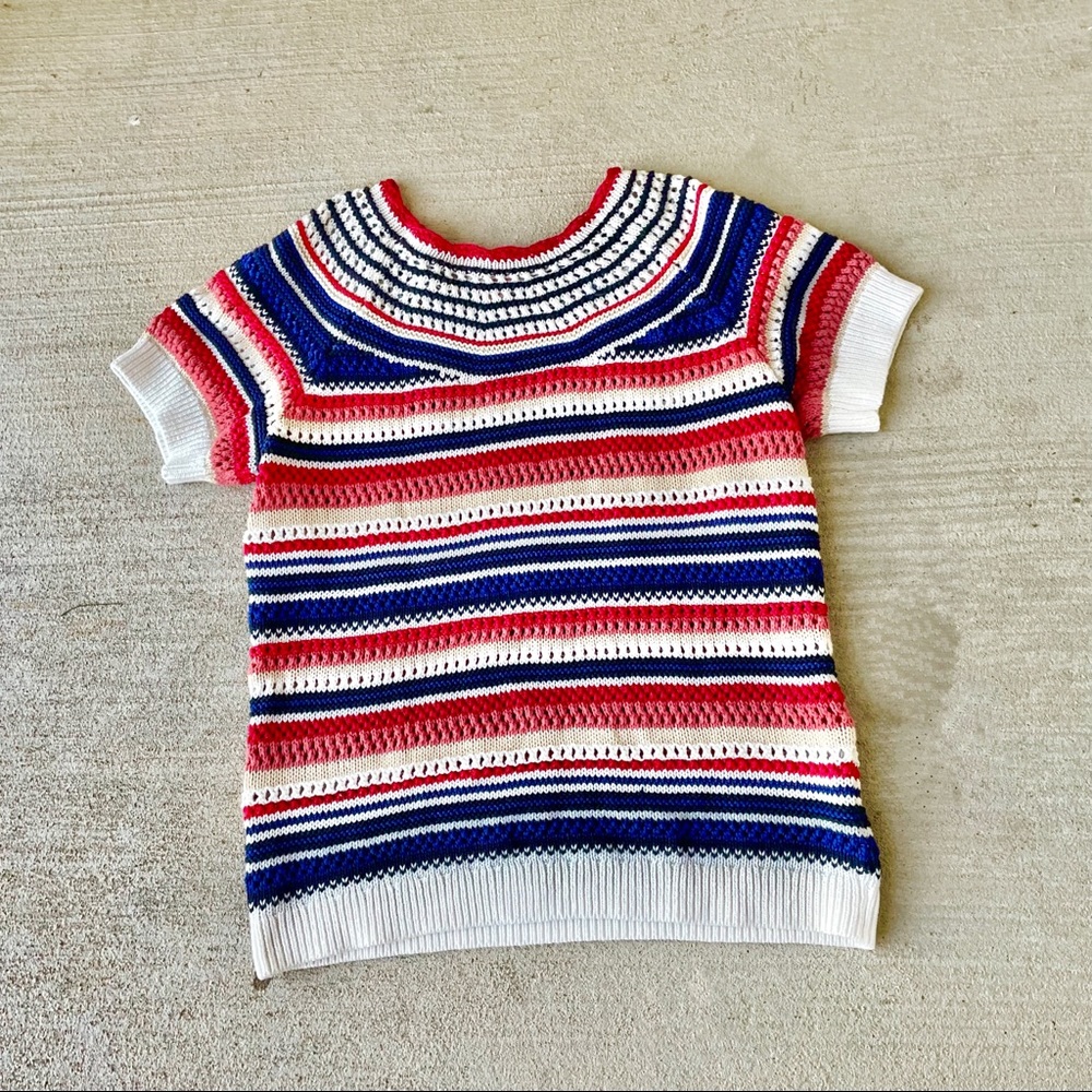 🟦 Brooks Brothers Red Fleece crochet cotton multi color short sleeve sweater